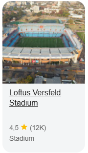 Pretoria is the administrative capital of South Africa, serving as the seat of the executive branch of government, and as the host to all foreign embassies to the country. Pretoria straddles the Apies River and extends eastward into the foothills of the Magaliesberg mountains. Wikipedia Population: 2,818 million (2023) Metro population: 2 921 488 Area: 687,5 km² Elevation: 1 339 m Neighborhoods: Pretoria East, Mamelodi East, Mamelodi West, Bon Accord, Garsfontein Mews, Blackmoor 347 JR, Val De Sol Area code: 012 Established: 18 November 1855; 170 years ago Results are personalised - Try without personalisation South Africa Primrose, Germiston - Based on your past activity - Update location HelpSend feedbackPrivacyTerms Loftus Versfeld Stadium